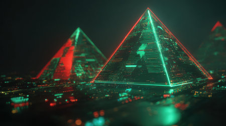 A captivating scene featuring futuristic pyramids illuminated in bright neon colors set against a dark city skyline, showcasing digital artistry.の素材
