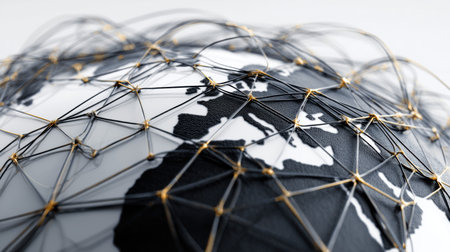 Abstract representation of a globe interconnected by lines, symbolizing global communication, digital networks, and technological advancement.の素材
