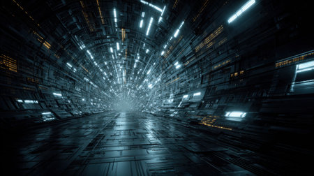 Experience a captivating view of a futuristic tunnel that blends glowing lights with dark metallic surfaces, evoking a sense of speed and digital exploration.の素材