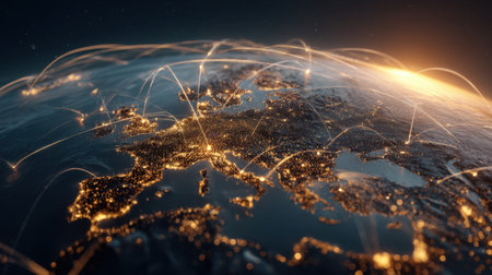 A stunning aerial view of Europe at night highlighting interconnected cities with glowing lights. Light trails illustrate dynamic data flow.の素材