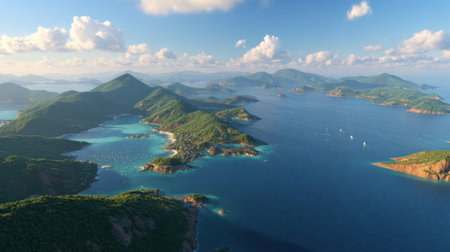 Captivating aerial view showcasing lush green islands surrounded by vibrant turquoise waters under a bright blue sky with fluffy clouds.の素材