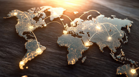 A vibrant world map illustration showcases global connectivity through glowing paths and lights, reflecting modern technology and digital communication in a creative design.の素材