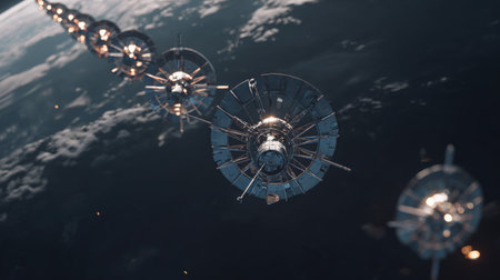 This image showcases a series of futuristic space stations orbiting Earth, highlighting advanced technology amidst the vastness of the cosmos. A stunning view!の素材