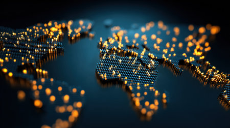 A stunning world map illuminated with bright dots, showcasing global connections and urban centers in a modern digital style. Perfect for technology and travel themes.の素材