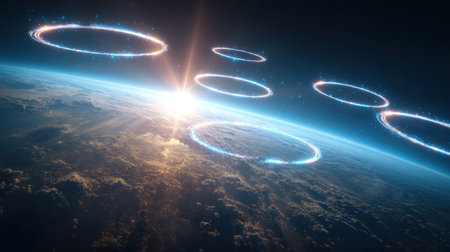 Captivating image of Earth from space showcasing glowing rings above the atmosphere, with sunlight breaking over the horizon for a stunning visual.の素材
