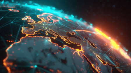 This captivating digital artwork showcases a globe view with luminous connections, highlighting Europe in an artistic representation of global networks.の素材