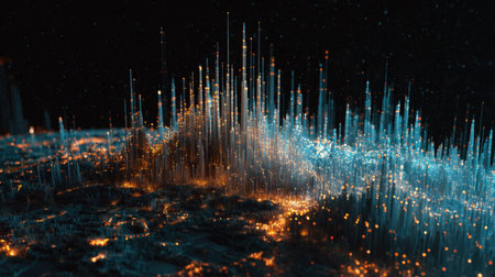 This stunning data visualization features vibrant glowing peaks and colorful lights against a dark background, representing modern analytics and technology.の素材