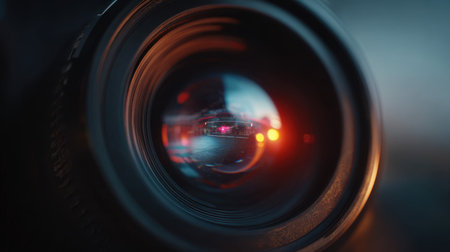 A close-up image of a camera lens showcasing vivid reflections of lights. The bokeh effect creates a captivating and artistic view. Ideal for photography enthusiasts.の素材