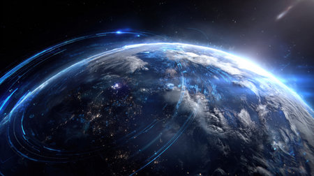 Breathtaking view of Earth from a distance, showcasing glowing lights and cosmic effects that highlight the beauty of our planet in space.の素材