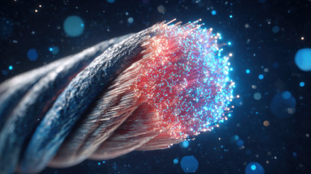 A close-up view of a metal wire strand features colorful sparkles and light reflections, set against a dark background, highlighting intricate details.の素材