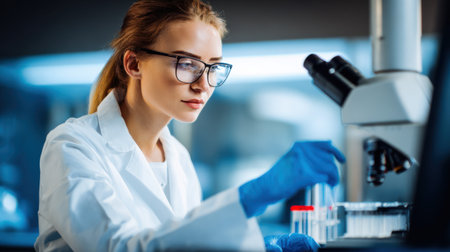 A focused female scientist in a modern laboratory conducts experiments with test tubes and microscope, embodying dedication to scientific research.の素材