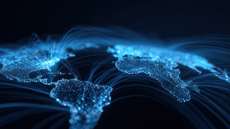 This stunning illustration depicts a digital map of the world with glowing blue lines representing data flow and global connectivity.の素材