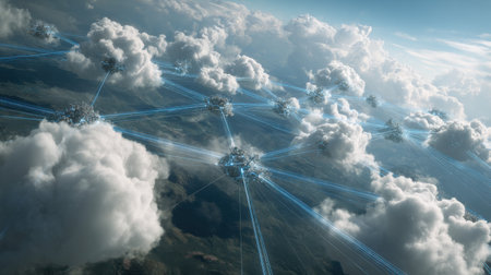 This captivating image illustrates a futuristic skyline where digital nodes connect through luminous lines in a cloudy atmosphere, inspiring innovation.の素材