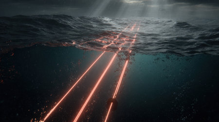 A captivating underwater view showcasing glowing laser beams cutting through dark ocean waves, with sunlight breaking through the surface for added drama.の素材