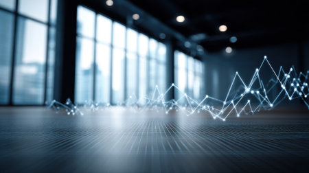 This image captures an abstract representation of data analytics within a modern office, featuring digital trends and geometric lines.の素材