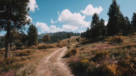A tranquil dirt pathway winds through a vibrant forest landscape, showcasing the stunning interplay of sunlight, trees, and distant mountains.の素材