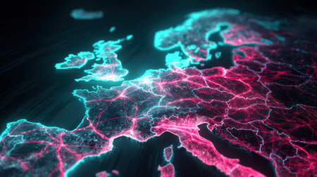 This vibrant digital map of Europe showcases intricate neon connections highlighting urban infrastructure and modern technology in a sleek dark design.の素材