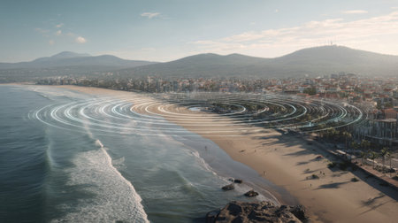 A breathtaking aerial view of a serene beach and coastal area, featuring gentle waves, golden sand, and distant hills under a bright sky.の素材