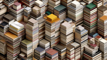 Explore a vibrant aerial view of intricately stacked colorful books, creating a visually stunning representation of a bustling urban landscape of knowledge.の素材