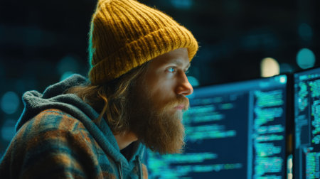 A dedicated male hacker in a yellow beanie intensely focuses on his coding work late at night, surrounded by glowing computer screens and lines of code.の素材