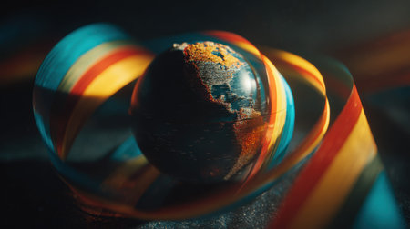 This vibrant composition features an artistic globe of Earth surrounded by colorful ribbons, reflecting creativity and motion against a dark background.の素材