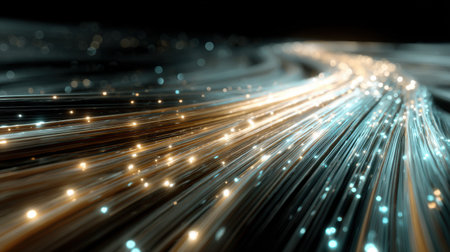 Vivid abstract light trails create a mesmerizing visual scene, showcasing glowing particles gracefully flowing across a dark background.の素材