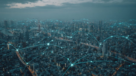 Stunning aerial view captures a vibrant urban city illuminated at dusk, showcasing a digital network connecting the buildings and skyline.の素材