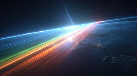 This abstract illustration features vibrant light rays emerging from the Earth's horizon, casting a stunning effect against a dark cosmic backdrop.の素材