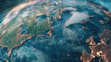 A breathtaking depiction of Earth showcasing illuminated cities at night, surrounded by a rich atmosphere and light beams symbolizing global connectivity.の素材