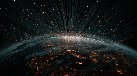 Captivating overhead view of Earth illuminated by city lights at night, radiating energy rays against a starry cosmic backdrop for stunning visuals.の素材