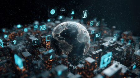 A captivating digital depiction of a globe at the center of a bustling city, surrounded by glowing icons that symbolize modern technology and connectivity.の素材