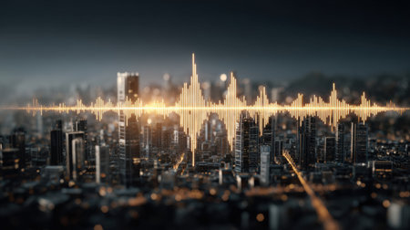A captivating urban skyline illuminated at dusk, featuring a striking audio waveform overlay that symbolizes sound and technology integration.の素材
