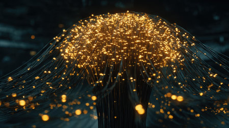 A mesmerizing view of glowing fiber optic light trails creating an enchanting visual display with sparkling particles against a dark backdrop.の素材