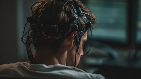 A young man is wearing an EEG cap, demonstrating a focus on brain activity and technology applied in neuroscience and mental health research.の素材