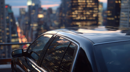 A stylish black car parked against a stunning urban skyline at dusk, showcasing the vibrant city lights and modern architecture.の素材