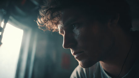 This evocative portrait captures a young man lost in thought, illuminated by soft light, creating an atmosphere of introspection and emotional depth.の素材