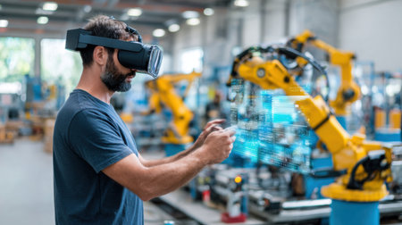 A man wearing a virtual reality headset interacts with robotic arms in a modern manufacturing facility, showcasing advanced technology in action.の素材