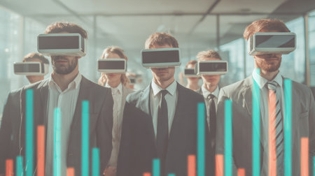 A group of business professionals wearing virtual reality headsets stand in an office, engaging with innovative technology for digital strategy and collaboration.の素材