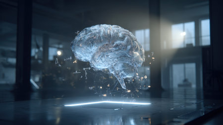 This futuristic image showcases a brain visualization surrounded by digital elements, set in a modern high-tech environment, symbolizing innovation.の素材