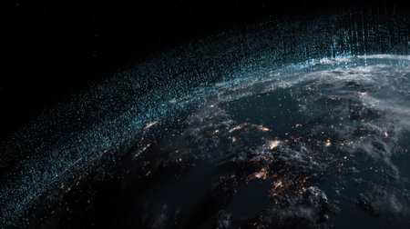 Captivating view of Earth illuminated by city lights amidst vast darkness of space, showcasing the beauty of our planet and cosmos.の素材