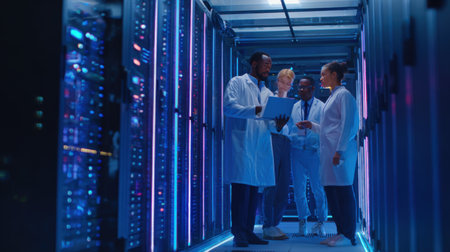 A diverse group of professionals engages in collaboration within a modern data center, surrounded by servers and vibrant blue lighting, showcasing teamwork and innovation.の素材