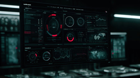 A modern computer screen showcases intricate analytics, graphs, and statistics, set against a dark environment, emphasizing data-driven insights.の素材