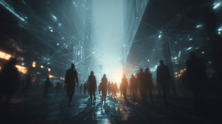 A captivating urban scene featuring silhouetted figures walking through a foggy street illuminated by glowing lights, creating an enigmatic atmosphere.の素材