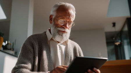 An elderly man with glasses is seen using a tablet in a modern home setting, showcasing a cozy atmosphere filled with warm light.の素材