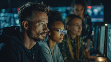 A diverse team of professionals works intently at their screens in a modern office, focused on analyzing data and making strategic decisions.の素材