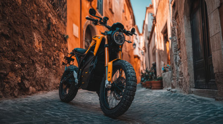 A striking electric motorcycle stands in a narrow cobblestone alley, illuminated by warm evening light, showcasing modern design amidst historic surroundings.の素材