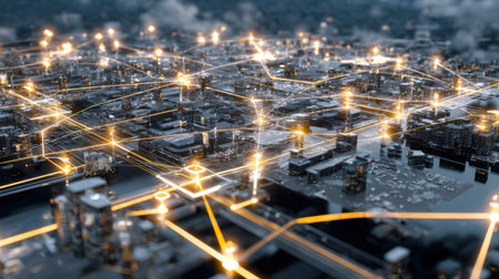 A detailed aerial view of a futuristic cityscape highlighting a vibrant network of lights. This image illustrates technology, connectivity, and urban innovation.の素材