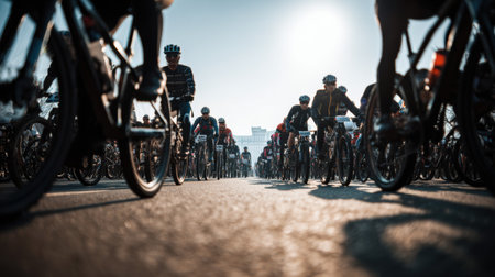 A captivating scene from a vibrant cycling event showcasing competitive athletes in motion under bright sunlight on an urban street.の素材