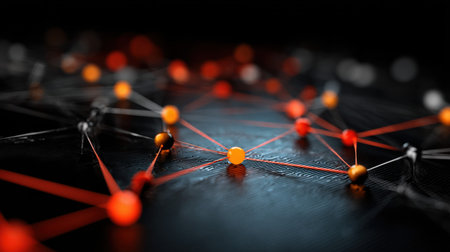 A stunning abstract digital illustration showcasing interconnected nodes and lines in vibrant colors, emphasizing technology and communication themes.の素材