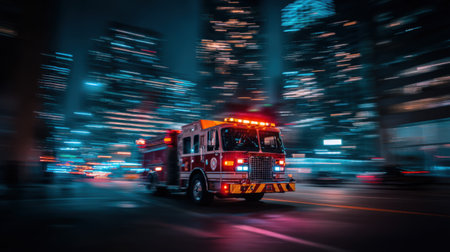 A vibrant fire truck moves swiftly through a bustling urban landscape at night, showcasing emergency lights against a backdrop of illuminated buildings.の素材